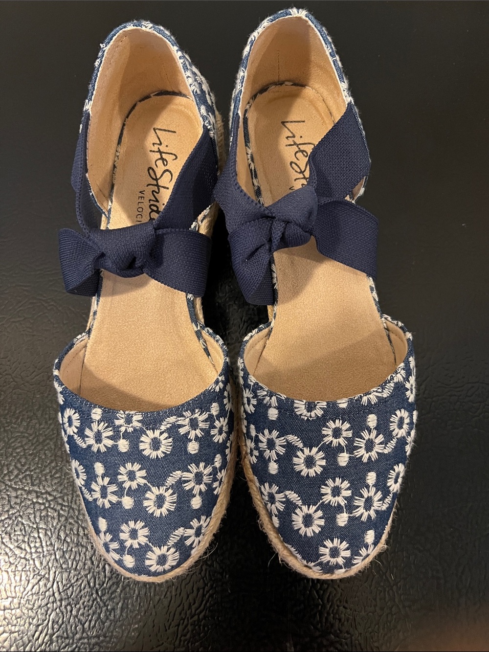 Life Stride Navy and White Floral Espadrille Wedges with Navy Bow